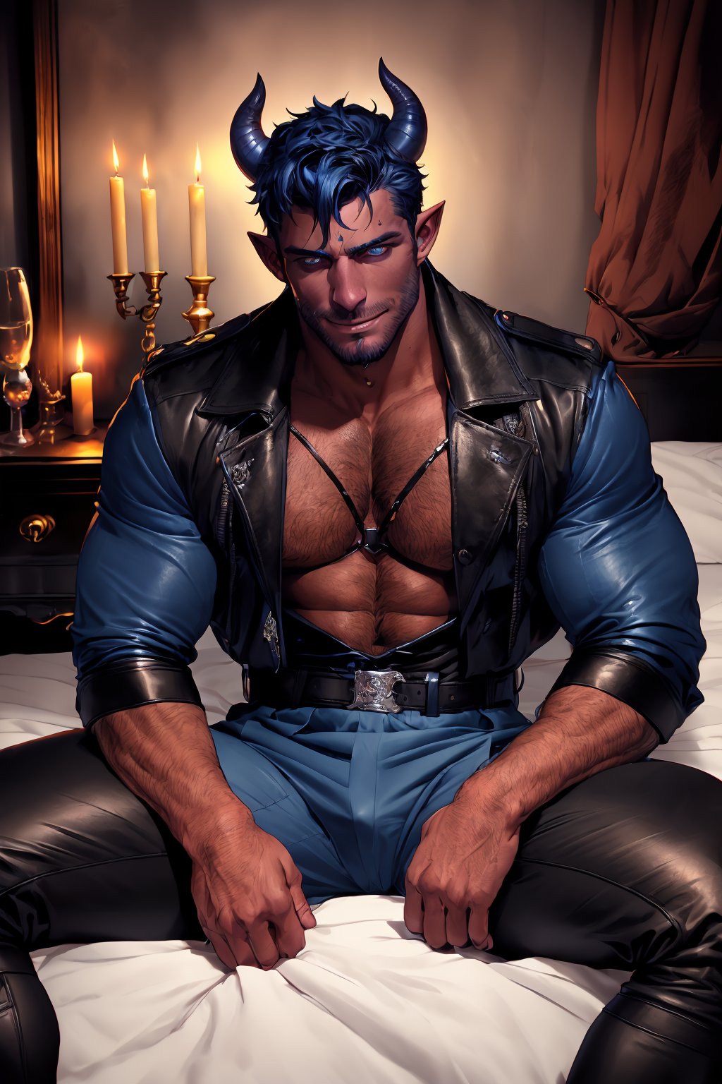Cinematic film still, 8k resolution, ultrarealistic, (HDR, RAW, DSLR:1), (handsome, sexy blue male demon:1.5), blue muscular_body, (((realistic skin texture))), stubble, ((blue devil horns:1)), intricate eyes, (evil smirk), handsome masculine facial features, short hair, (black leather harness, underwear), (homoeroticism), (sitting on your bed wanting you to join him:1.5), (anatomically correct:1), flickering candle lighting, cinematic atmosphere, high contrast, sharp focus, dom_suyo,Portrait,tiefling,handsome male,1boy,bulge