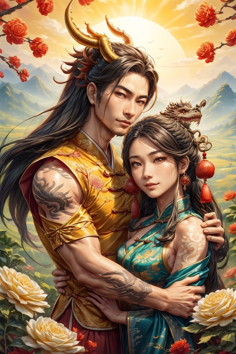 masterpiece, beautiful lighting, best quality, beautiful lighting, perfect focus, (((1 couple, holding a traditional Chinese dragon))), artic focus, perfect faces, (((portrait of a Chinese xianxia style meat pie couple))), it's from China, they are handsome, they have a tender and pleasant smile. They are mature, they are about 30 years old, they are beautiful, they are elegant, they are a prince, they wear royal clothes in pastel and gold tones, they have Asian brown eyes, they wear a hanfu with dragon decorations, traditional clothes in red and gold tones, they wear jewelry China, the man is masculine, has long hair, the woman is feminine and has a traditional Chinese hairstyle. holds a Chinese fan, a Chinese lamp, has a fan, the man has Chinese dragon tattoos, is immortal, xianxia man hairstyle, wears xianxia makeup and has Wei Jin man style, beautiful Chinese background with flowers and plants, He is with a Chinese dragon, a cute dragon is on his shoulder, dragon background, HD, 8K, photorealism, hyper detailed, hyper realism.,Chinese dragon