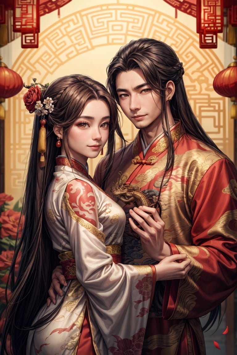 masterpiece, beautiful lighting, best quality, beautiful lighting, perfect focus, 1 couple, holding a traditional Chinese dragon, artic focus, perfect faces, portrait of a Chinese xianxia style meat pie couple, it's from China, they are handsome, they have a tender and pleasant smile. They are mature, they are about 30 years old, they are beautiful, they are elegant, they are a prince, they wear royal clothes in pastel and gold tones, they have Asian brown eyes, they wear a hanfu with dragon decorations, traditional clothes in red and gold tones, they wear jewelry China, the man is masculine, has long hair, the woman is feminine and has a traditional Chinese hairstyle. holds a Chinese fan, a Chinese lamp, has a fan, the man has Chinese dragon tattoos, is immortal, xianxia man hairstyle, wears xianxia makeup and has Wei Jin man style, beautiful Chinese background with flowers and plants, He is with a Chinese dragon, a cute dragon is on his shoulder, dragon background, HD, 8K, photorealism, hyper detailed, hyper realism.