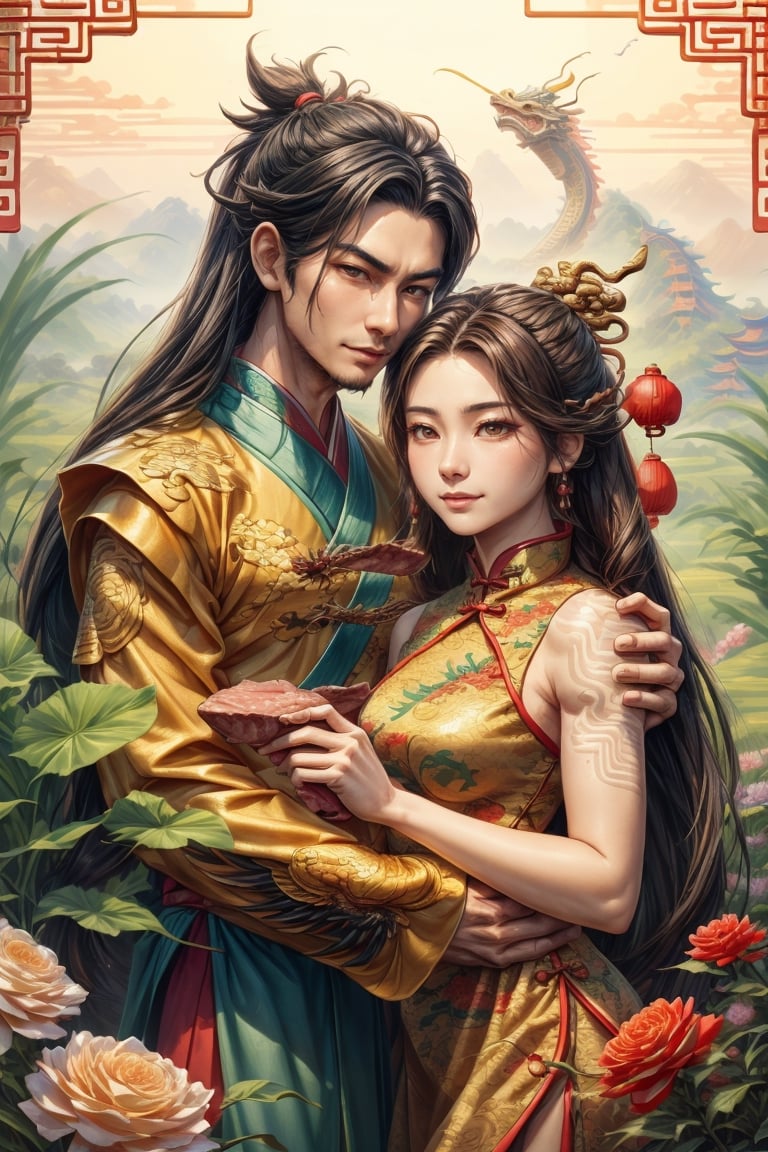 masterpiece, beautiful lighting, best quality, beautiful lighting, perfect focus, (((1 couple, holding a traditional Chinese dragon))), artic focus, perfect faces, (((portrait of a Chinese xianxia style meat pie couple))), it's from China, they are handsome, they have a tender and pleasant smile. They are mature, they are about 30 years old, they are beautiful, they are elegant, they are a prince, they wear royal clothes in pastel and gold tones, they have Asian brown eyes, they wear a hanfu with dragon decorations, traditional clothes in red and gold tones, they wear jewelry China, the man is masculine, has long hair, the woman is feminine and has a traditional Chinese hairstyle. holds a Chinese fan, a Chinese lamp, has a fan, the man has Chinese dragon tattoos, is immortal, xianxia man hairstyle, wears xianxia makeup and has Wei Jin man style, beautiful Chinese background with flowers and plants, He is with a Chinese dragon, a cute dragon is on his shoulder, dragon background, HD, 8K, photorealism, hyper detailed, hyper realism.,Chinese dragon,firefliesfireflies