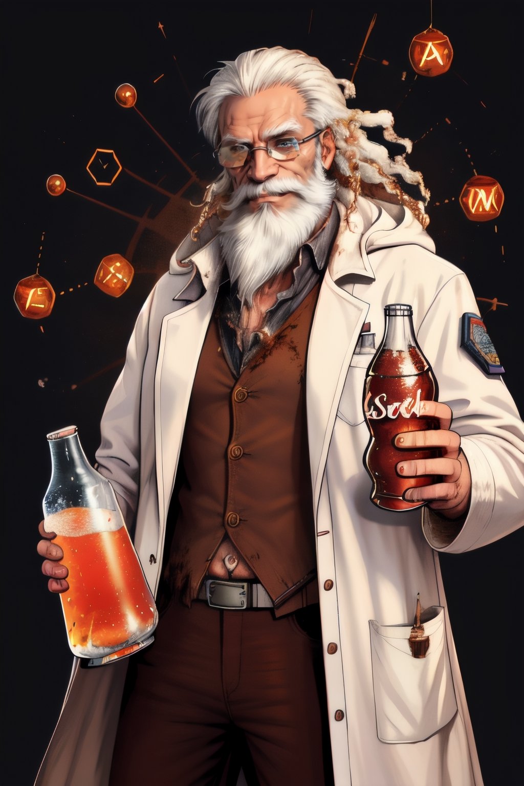 inked, comic style, lineart, solo, a middle-age man, messy hair, very long beard, (ragged white science coat stained with soda residue and chemical elements: 1.3), googles, deep looking, crazy smiling, genious, evil scientist, holding a soda bottle, uhd, absurdres, dynamic lighting, dynamic pose, illustration, drawn style,HQ,hyperanim