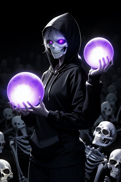 (best quality: 1.2), (masterpiece: 1.2), (realistic: 1.2), (detailed),a female necromancer, glowing purple eyes, smile, wearing an open black hoodie, holding a glowing blue orb, pale skin, army of skeletons rising in the background,  (masterpiece: 1.2), absurdres, HDR
