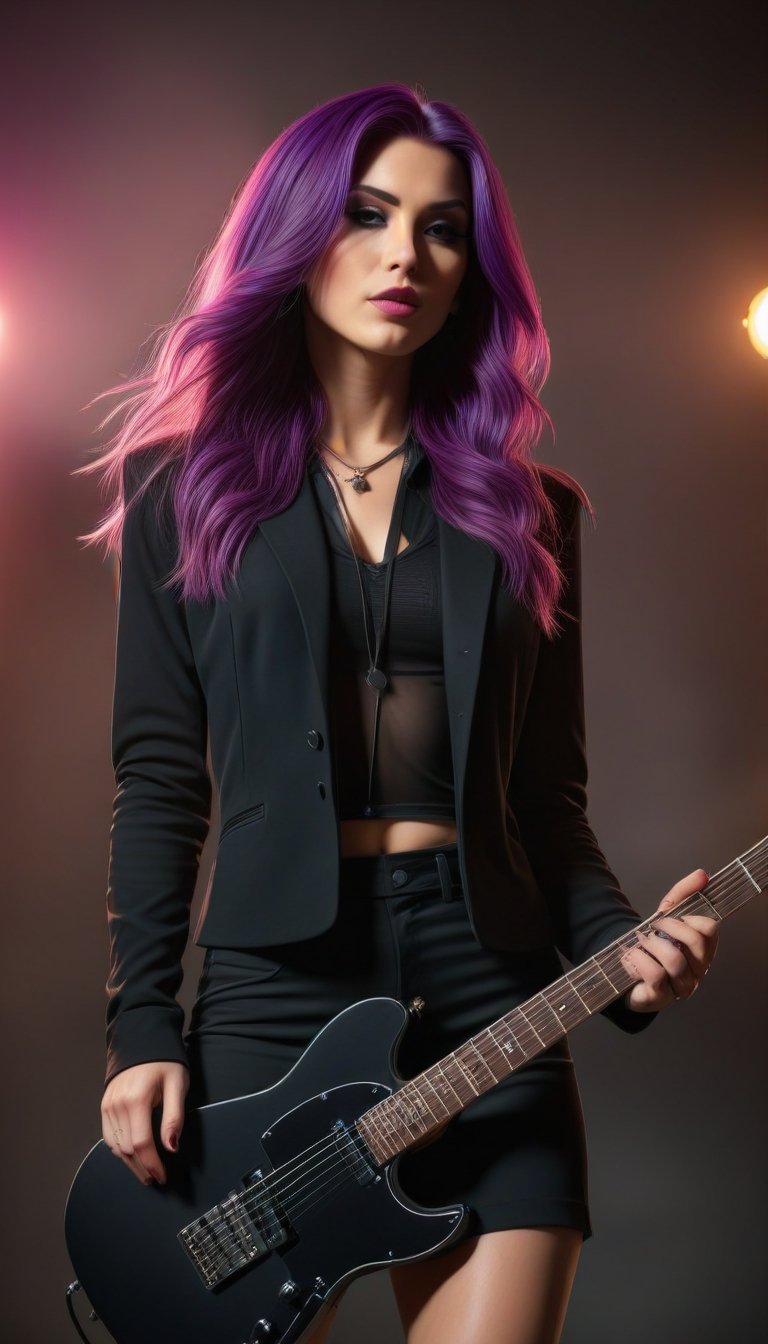 RAW Photo, model photo, 1woman, (high quality skin: 1.2), rock guitarrist, long purple hair, black pants, black short skirt, black overcoat, playing a telecaster guitar, amazing venue with lights and lazers, smoke on the background, grimdark, 80mm, (masterpiece: 1.2), retro, detailmaster2, ,<lora:659095807385103906:1.0>