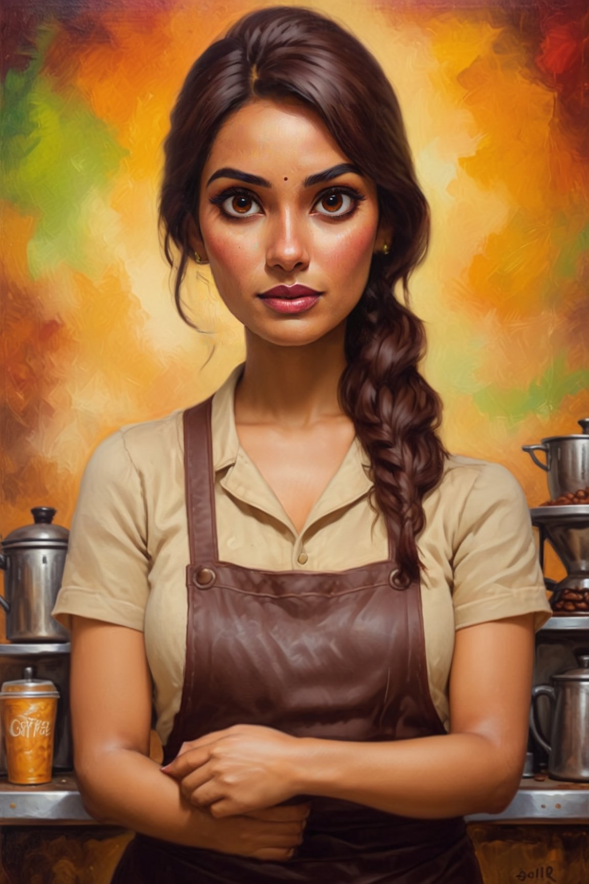 oil painting, solo, upper_body, closeup, 1woman,  27 y.o, indian,  tall, wearing a coffee shop uniform and apron, coffee shop in the background, (anatomical masterpiece: 1.2),  8k, hdr, newhorrorfantasy_style, oil on canvas,,<lora:659095807385103906:1.0>