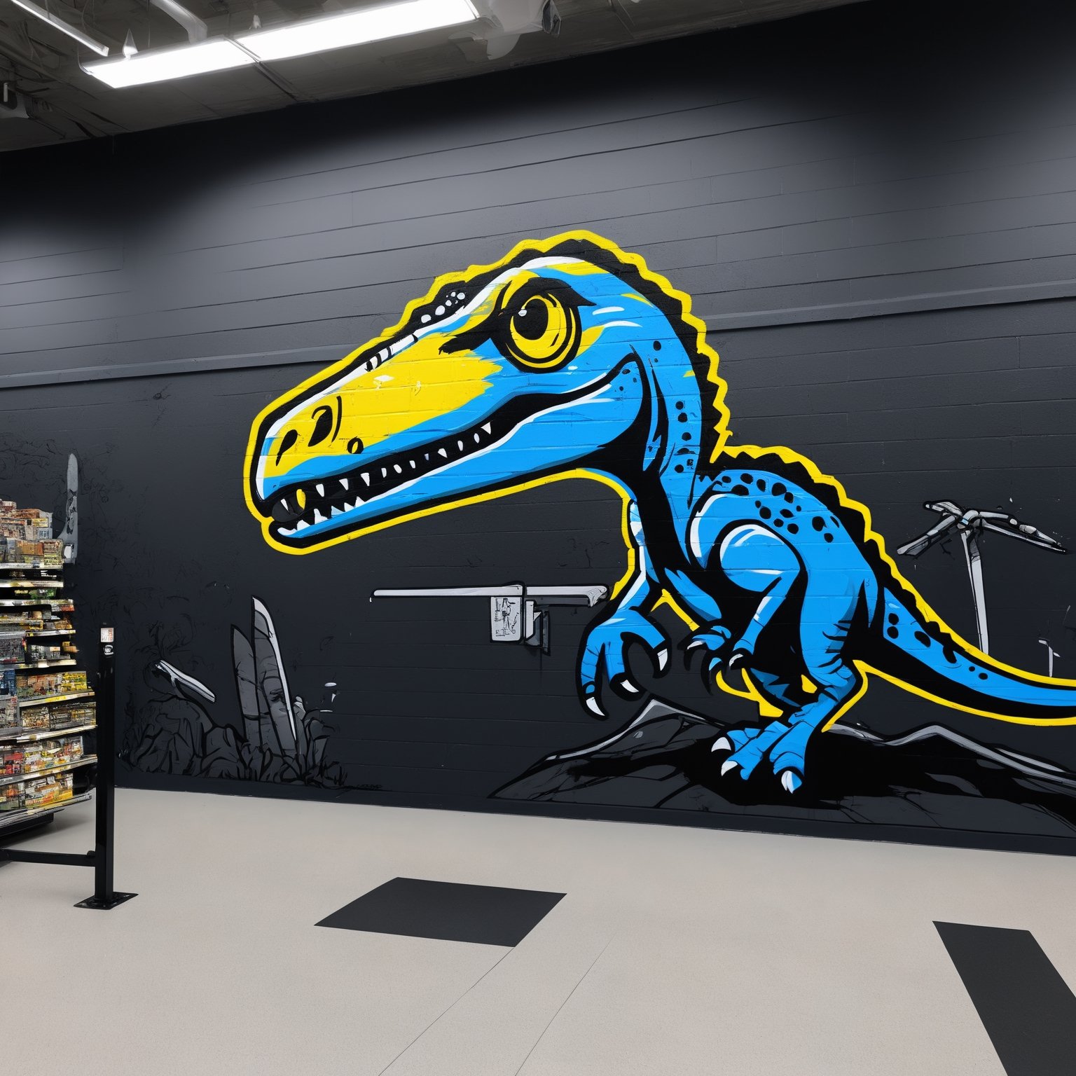 An urban canvas showing a Velociraptor loose in Walmart, horror, power outage, dark shot, cinematic,wonderful masterpiece highly detailed, ultra realistic, 8k, graffiti style, 