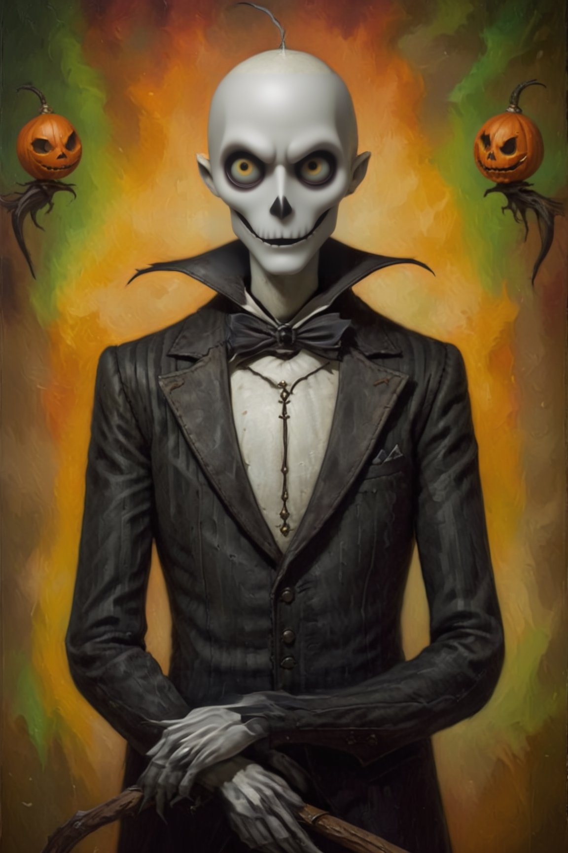 oil painting, solo, upper_body, closeup, Jack Skellington from nightmare before christmas, dynamic pose, highly detailed, ightmare before christmas scene in the background, (anatomical masterpiece: 1.2),  8k, hdr, newhorrorfantasy_style, oil on canvas,<lora:659095807385103906:1.0>