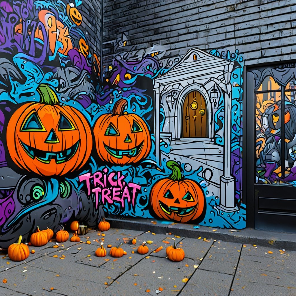 An urban canvas showing a trick-or-treat scene,wonderful masterpiece highly detailed, ultra realistic, 8k, graffiti style, 