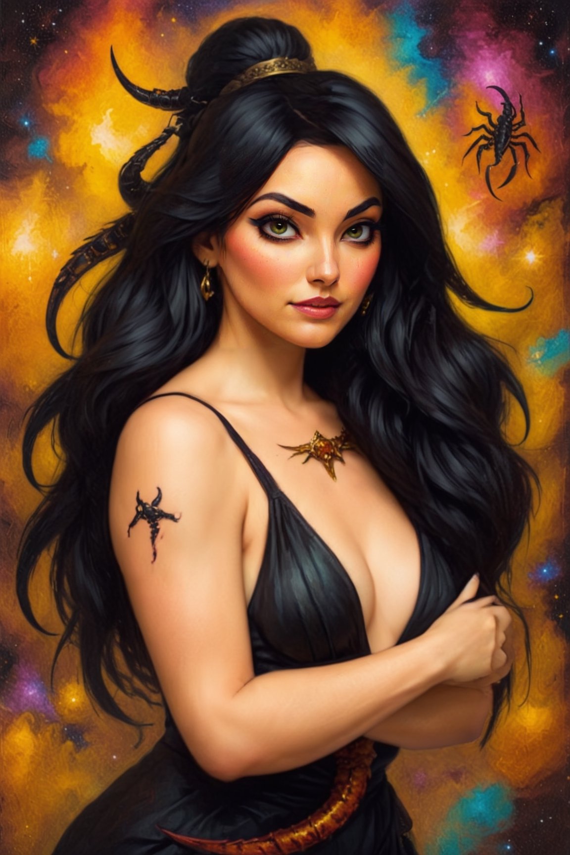 oil painting, solo, upper_body, closeup, pretty, 1woman, scorpio zodiac sign as a goddess, (very thin complex: 1.2), very long straight hair, black hair, (scorpion tattoo on her arm: 1.4), (scorpion tail on her back: 1.4),  wearing a black goddess clothes, evil looking, villain, (smiling: 0.5), enchanted halo, outer space in the background, from side, (anatomical masterpiece: 1.2),  8k, hdr, newhorrorfantasy_style, oil on canvas,<lora:659095807385103906:1.0>