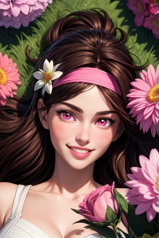 (best quality: 1.2), (masterpiece: 1.2), (realistic: 1.2), (detailed), A woman, lying in a bunch of flowers, flowering field, pink eyes, brown hair, smiling, pink eyes, brown hair, smiling, large breasts, from above, pink headband, looking at viewer, (masterpiece: 1.2), absurdres, HDR