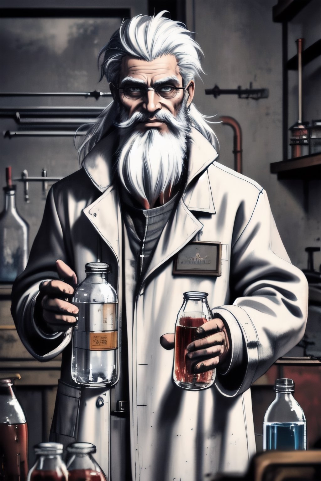 (best quality: 1.2), (masterpiece: 1.2), (realistic: 1.2), ink, a middle-age man, messy hair, very long beard, (ragged white science coat stained with soda residue and chemical elements: 1.3), googles, deep looking, crazy smiling, evil genious, evil scientist, holding a one soda bottle, mad scientist lab in the background, on eye level, scenic, masterpiece, (anatomical masterpiece: 1.2), absurdres, 8K, HDR,,<lora:659111690174031528:1.0>