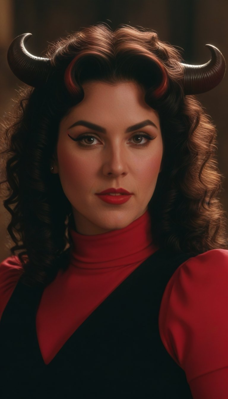 screenshot from a 80s movie, 1woman, (tiefling,curly horns: 1.3), shoulder-length hair, warlock, cinematic pose, seductive pout, evocative, (evil smiling: 0.5), sassy, cocky, detailmaster2, retro,,<lora:659095807385103906:1.0>