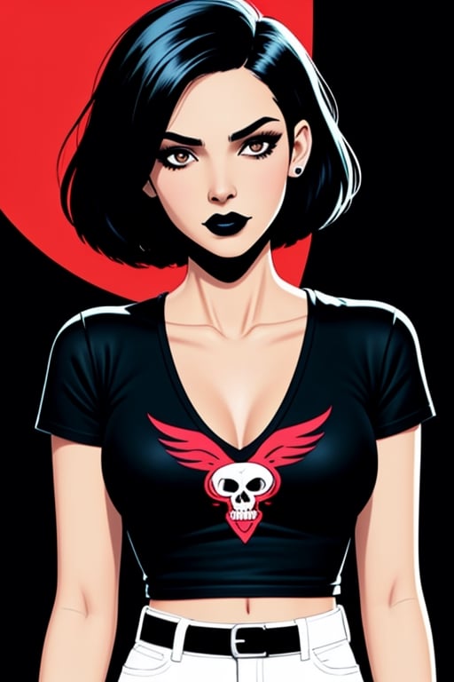 comic, a woman, indifferent expression,  skinny body, thin belly, pale skin color, black hair, short bob hairstyle, black lipstick, gothic makeup,  piercing, collarbones, black nails, (short black t-shirt: 1.3), skull logo on her chest, white jeans, simple dark-red background, graphic illustration, comic art, graphic novel art, vibrant, highly detailed,<lora:659111690174031528:1.0>