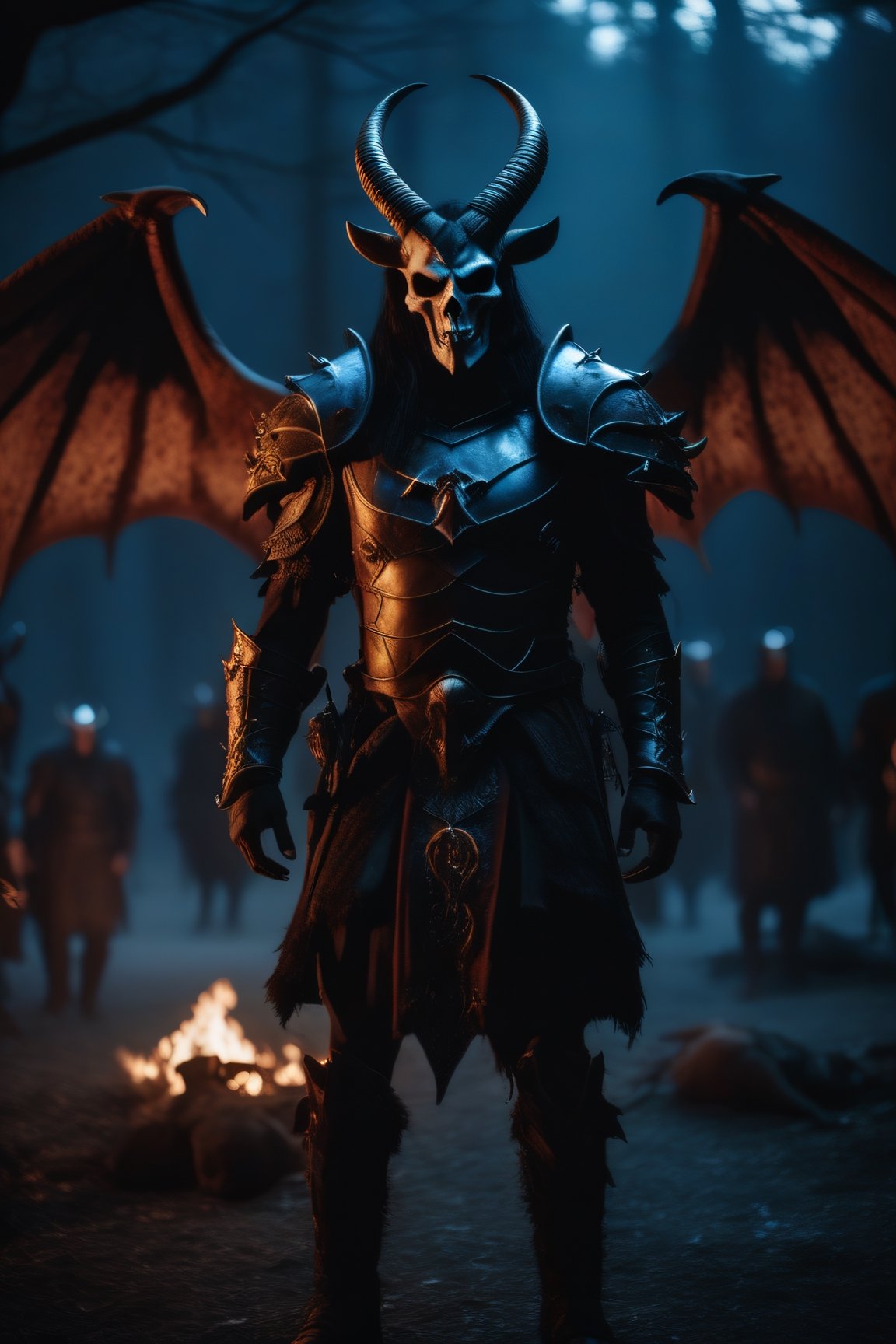 cinematic film still, solo, demon with goat head with big horns, strong and strong upper body, demon skins, skins, (claws, wings)), demonic armor, blood splatter, skulls on the ground, standing in blood ritual, medieval, at night, blue hour, shallow depth of field, vignette, highly detailed, high budget, bokeh, cinemascope, moody, epic, gorgeous, film grain, grainy