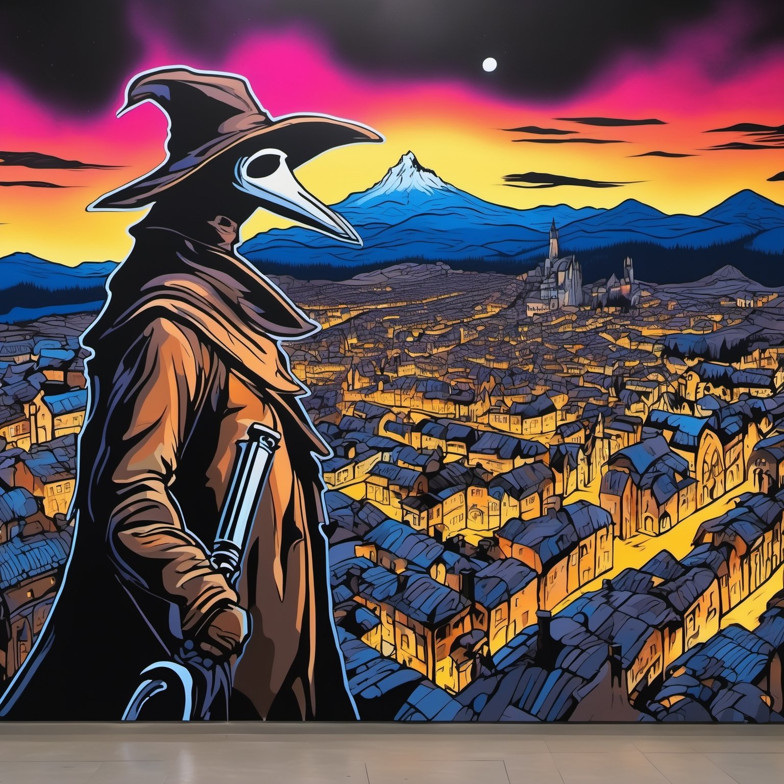 An urban canvas showing a woman wearing a plague doctor mask, looking at viewer, detailed middle-earth town in the background, at night,wonderful masterpiece highly detailed, ultra realistic, 8k, graffiti style, 