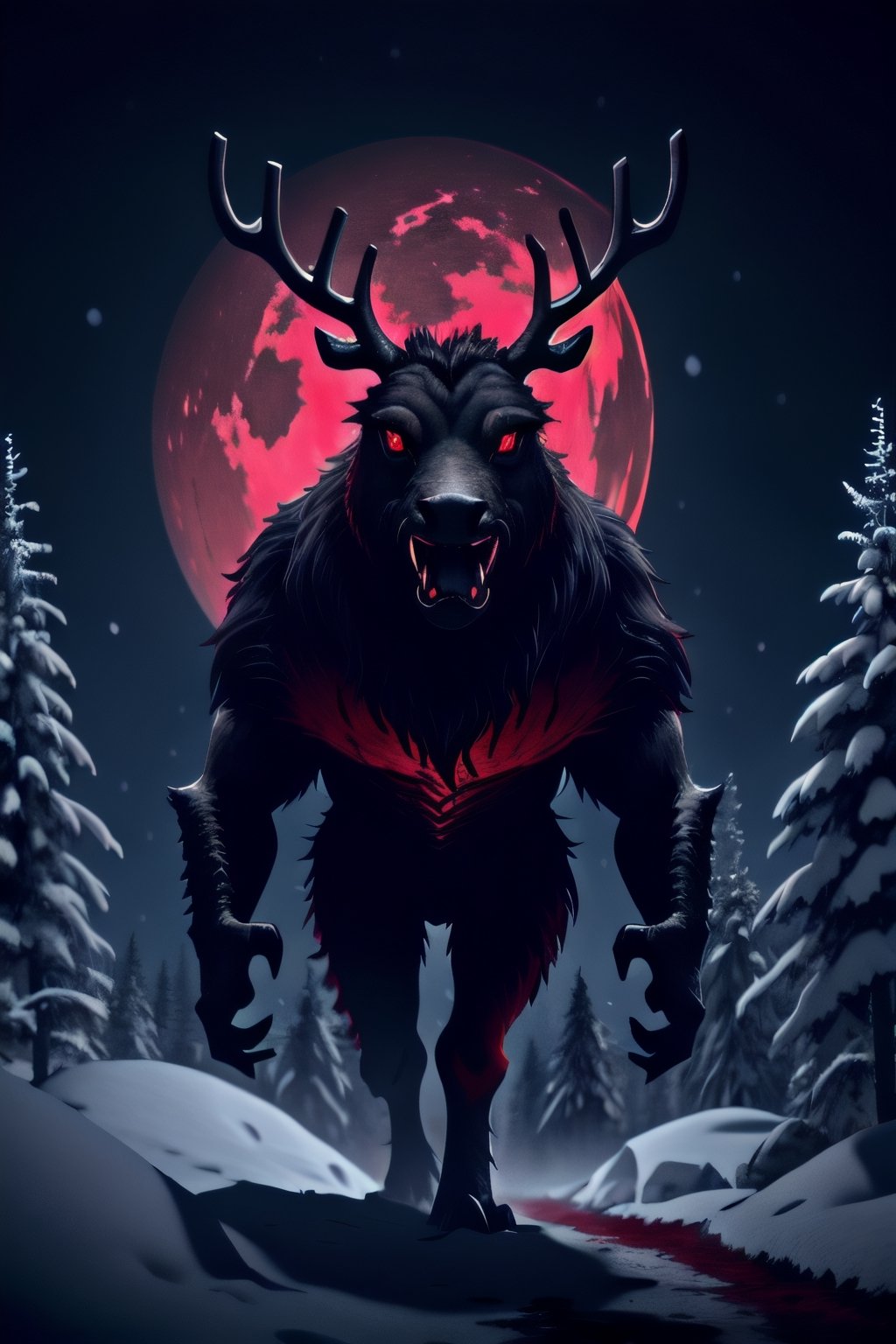 (best quality: 1.2), (masterpiece: 1.2), (realistic: 1.2), (detailed),  solo, upper_body, a distorted and warped reindeer creature, black fur with worn patches of crimson red that vaguely resemble the form of a reindeer, The antlers protruding from its head are twisted and sharp, emitting an eerie gleam, a bright sphere of dark red hue that emits an eerie glow, subtly illuminating its surroundings with an unsettling light in the darkness,  Its gaze is filled with malice, and its mouth, filled with sharp fangs, opens to reveal a bifurcated and slimy tongue, legs are disproportionately long and slender, ending in sharp hooves that leave deep imprints in the snow or any surface it walks upon. When it moves, it does so with a sort of supernatural grace, almost as if it were gliding above the ground, snowy christmas forest in the background, (masterpiece: 1.2), absurdres, HDR,