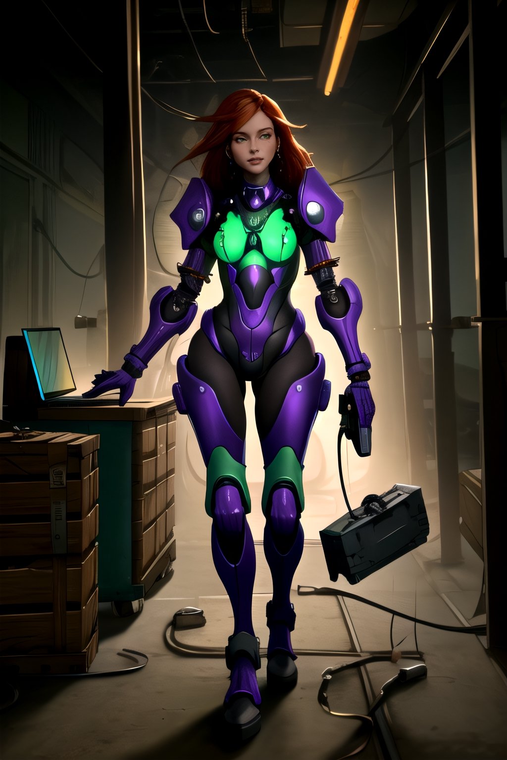 (best quality: 1.2), (masterpiece: 1.2), (realistic: 1.2), (detailed), 1woman in green mech exoskeleton, holding gun, purple suit, red hair, typing on laptop, grates, scifi, crates, lights, cables, shiny, test stand scaffold, Frank Frazetta artstyle, (masterpiece: 1.2), absurdres, HDR,
