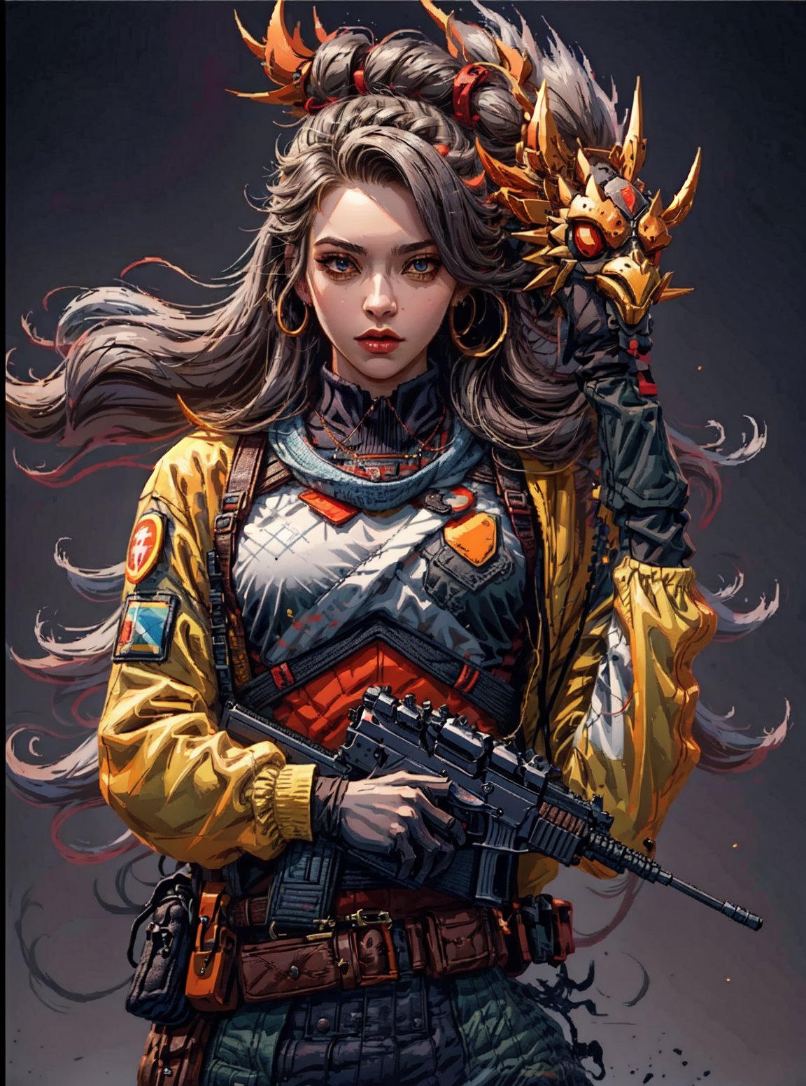 A girl holding gun in a epic pose, danger in background, overwatch, ultra realistic, hdr, 32k,pixel art,1 girl