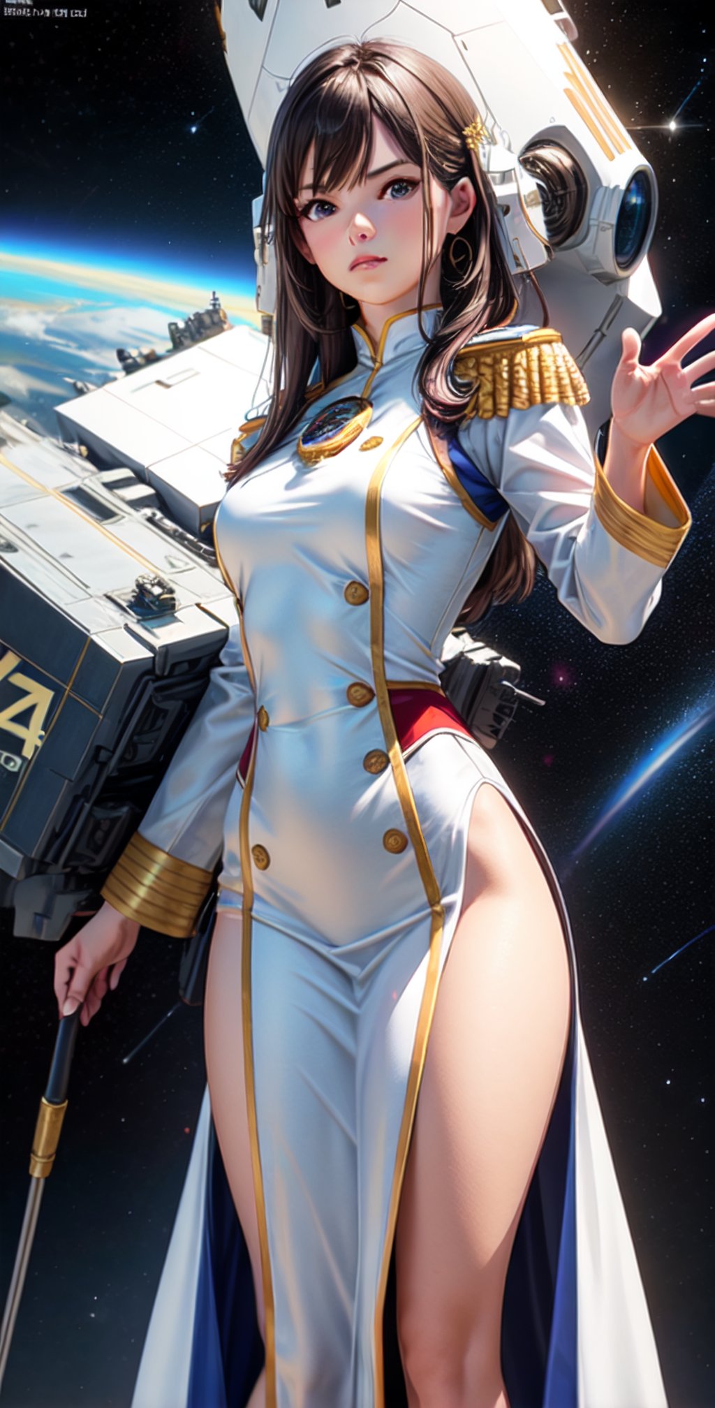 naked, realistic, (masterpiece - 1.2),3d, cgi, womens,  (high detailed face), (highly detailed background), (extreme quality resolution - 4k), (beautiful body), full space officer dress, long dress, admiral rank, white uniform, in battle ship scene, space scene, perfect body, serious looks, standing, commanding pose, commanding post, no weapon on hands show, perfect hands,