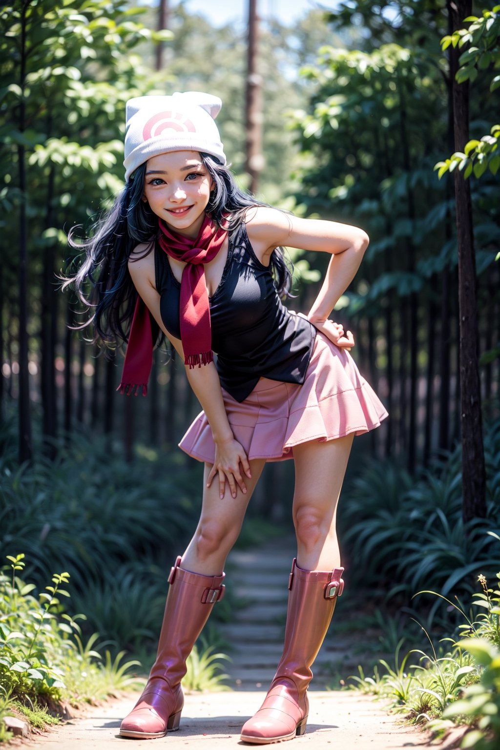 1girl, realistic, photorealistic, Teen girl, full body,16 years old,  <big milkers>>,dawn \(pokemon\) beanie, long hair, blue hair, blue eyes, black sleeveless shirt, pink scarf, pink skirt, pink boots, hands on hips, smile, looking at viewer, forest background, smiling, adorable face, rear view, standing, leaning forward, skirt up, pantie shots.
