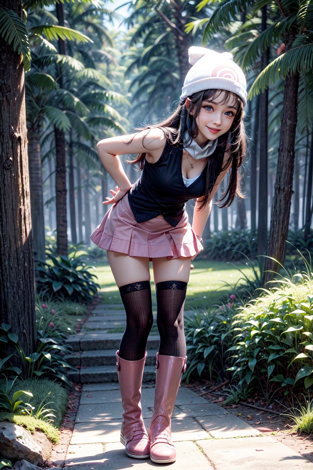 1girl, realistic, photorealistic, Teen girl, full body,16 years old,  <big milkers>>,dawn \(pokemon\) beanie, long hair, blue hair, blue eyes, black sleeveless shirt, pink scarf, pink skirt, pink boots, hands on hips, smile, looking at viewer, forest background, smiling, adorable face, rear view, standing, leaning forward, skirt up, pantie shots.