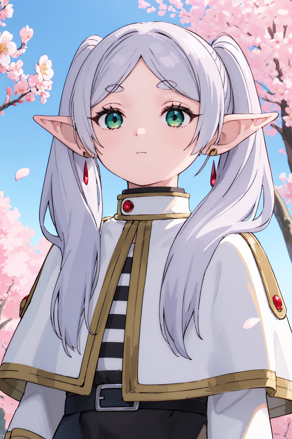 frieren, pikkyfrieren, long hair, twintails, (green eyes), (grey hair), pointy ears, elf, shirt, long sleeves, jewelry, pantyhose, earrings, black pantyhose, capelet, white striped shirt, outdoors, (sky:1.1), nature, solo, walking, (stone road), (upper body), looking at viewer, (masterpiece:1.2), best quality, high resolution, unity 8k wallpaper, (illustration:0.8), (beautiful detailed eyes), extremely detailed face, perfect lighting, extremely detailed CG, (perfect hands, perfect anatomy), cherry blossoms, falling petals