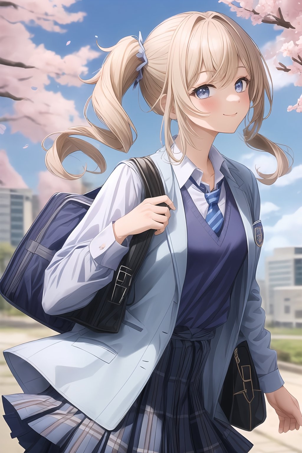 1girl, solo,  looking at viewer, blush, (((smile))),  skirt, shirt, hair ornament, long sleeves, closed mouth, school uniform, standing, jacket, white shirt,cowboy shot, pleated skirt, outdoors, open clothes, necktie, sky, day, striped, collared shirt, cloud, bag, uniform, open jacket, tree, blue sky, blue skirt, plaid, floating hair, plaid skirt, blazer, (((dark blue jacket))), (red necktie), cherry blossoms, building, sweater vest, school bag,striped necktie,plain sleeves,(((plaid_skirt)))
