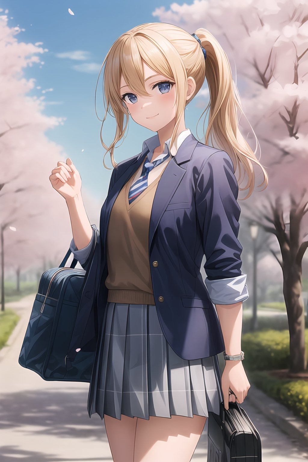 1girl, solo,  looking at viewer, blush, (((light smile))),  skirt, shirt,long sleeves, closed mouth, school uniform, standing, jacket, white shirt,cowboy shot, pleated skirt, outdoors, open clothes, necktie, sky, day, striped, collared shirt, cloud, bag, uniform, open jacket, tree, blue sky, blue skirt, plaid, floating hair, plaid skirt, blazer, (((dark blue jacket))), (red necktie), cherry blossoms, building, sweater vest, school bag,striped necktie,plain sleeves,(((plaid_skirt))),hayasaka_ai, hair between eyes,(((long_hair_tied_low)))