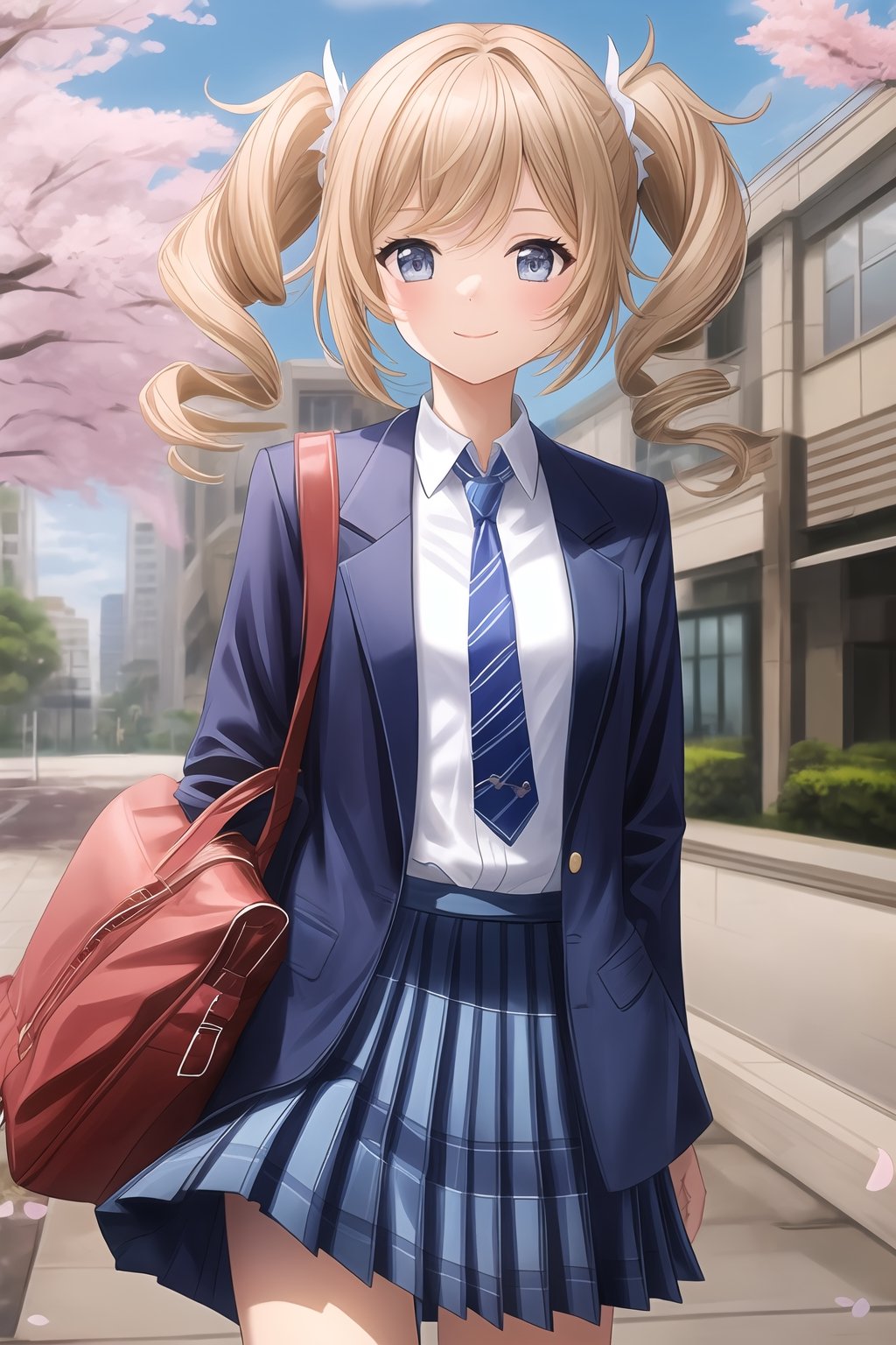 1girl, solo,  looking at viewer, blush, (((light smile))),  skirt, shirt,long sleeves, closed mouth, school uniform, standing, jacket, white shirt,cowboy shot, pleated skirt, outdoors, open clothes, necktie, sky, day, striped, collared shirt, cloud, bag, uniform, open jacket, tree, blue sky, blue skirt, plaid, floating hair, plaid skirt, blazer, (((dark blue jacket))), (red necktie), cherry blossoms, building, sweater vest, school bag,striped necktie,plain sleeves,(((plaid_skirt)))