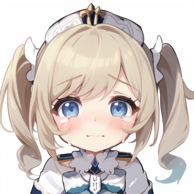 barbaradef,1girl, solo, (white background:1.5) ,chibi, standing, light smile,( looking_at_viewer:1.5),(pov:1.5),crying,(sad_face:1.1),profile picture,
