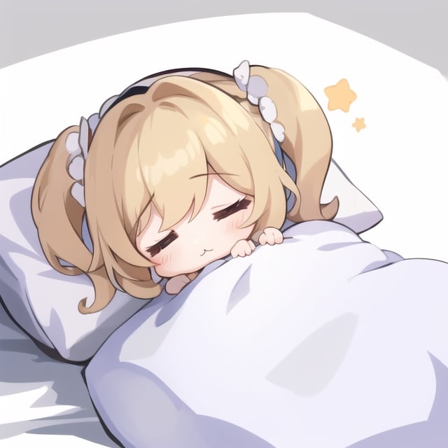 1girl, solo, long hair, bangs, white background, twintails, closed mouth, closed eyes, braid,chibi, pillow, :3, sleeping, blanket, under covers,without hat