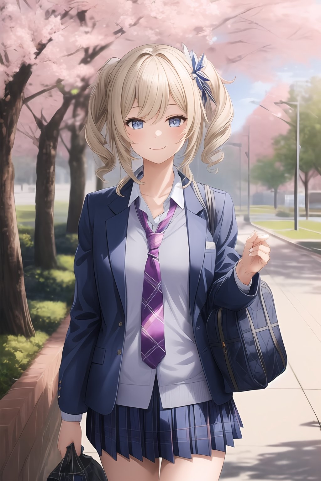 1girl, solo,  looking at viewer, blush, (((smile))),  skirt, shirt, hair ornament, long sleeves, closed mouth, school uniform, standing, jacket, white shirt,cowboy shot, pleated skirt, outdoors, open clothes, necktie, sky, day, striped, collared shirt, cloud, bag, uniform, open jacket, tree, blue sky, blue skirt, plaid, floating hair, plaid skirt, blazer, (((dark blue jacket))), (red necktie), cherry blossoms, building, sweater vest, school bag,striped necktie,plain sleeves,(((plaid_skirt)))