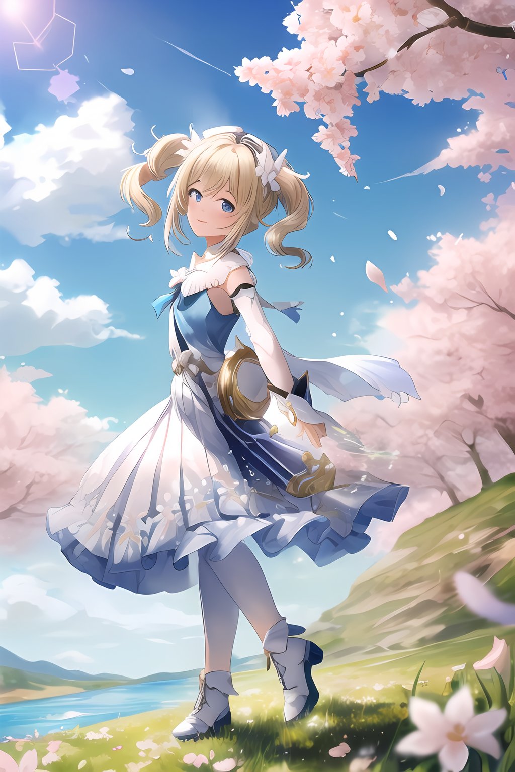 barbaradef,,(Highest picture quality), (Master's work),1girl,arms and hands behind back,blush,fluttering grass,(spring,sakura blossoms),petals,(lens flare),altocumulus,dazzling light,cool breeze,(shade) of [a sakura tree],meadow,(the grass is growing and the birds are flying),(lake,surface reflection),(white long dress),(white pantyhouse),:),light smile