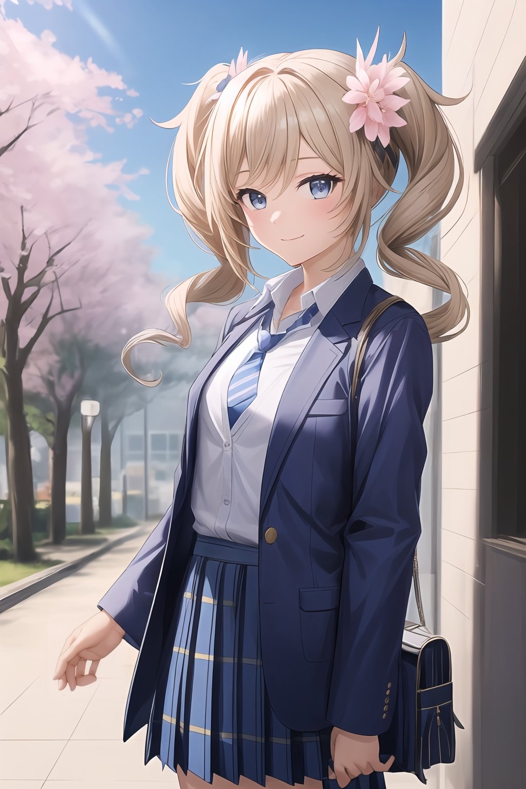 1girl, solo,  looking at viewer, blush, (((light smile))),  skirt, shirt, hair ornament, long sleeves, closed mouth, school uniform, standing, jacket, white shirt,cowboy shot, pleated skirt, outdoors, open clothes, necktie, sky, day, striped, collared shirt, cloud, bag, uniform, open jacket, tree, blue sky, blue skirt, plaid, floating hair, plaid skirt, blazer, (((dark blue jacket))), (red necktie), cherry blossoms, building, sweater vest, school bag,striped necktie,plain sleeves,(((plaid_skirt)))