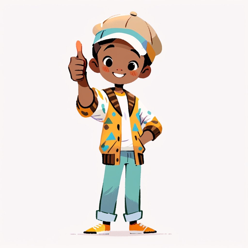 masterpiece, HD, cute, aesthetic, illustration, (proportional), front view, flat color, (2D), colored skin, ((1man)), full body shot, an African looking at the viewer, black eyes, wearing common outfit, wearing (a cap), A-pose, giving thumbs-up, smiling, ((transparent_background)), white background, ((facing front)), , simple, Flat vector art, children's picture books