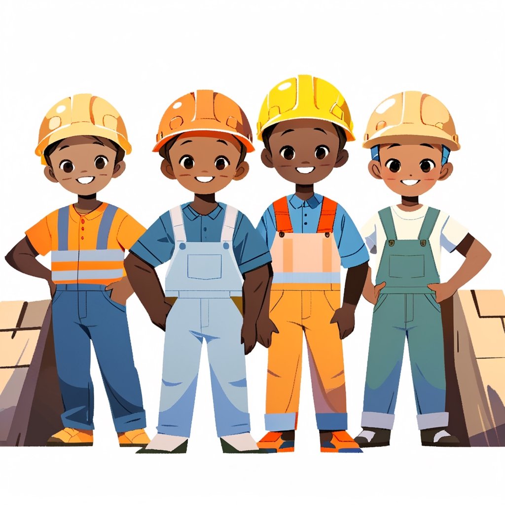 masterpiece, HD, illustration, (proportional), front view, flat color, (2D), colored skin, (3boys), full body shot, an African looking at the viewer, black eyes, as a construction worker and wearing (a safety helmet), A-pose, smiling, ((transparent_background)), white background, ((front position)), in group, , simple, Flat vector art, children's picture books