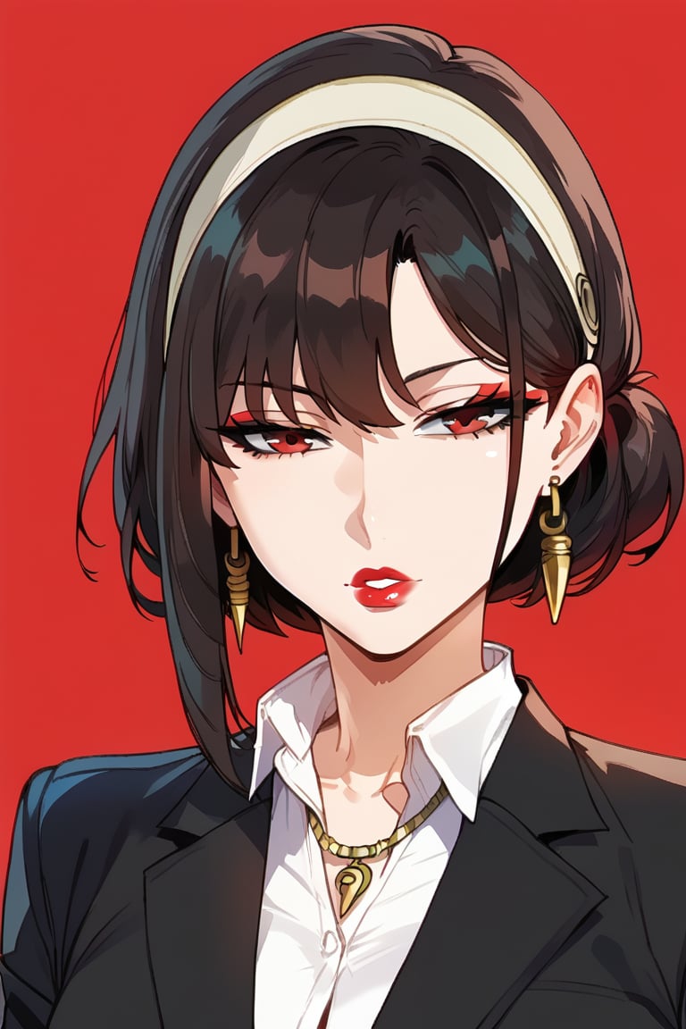 1girl, solo, looking at viewer, short hair, simple background, brown hair, shirt, black hair, jewelry, jacket, white shirt, upper body, earrings, parted lips, collared shirt, medium hair, necklace, black jacket, head tilt, makeup, formal, half-closed eyes, suit, lipstick, red background, red lips,yorforger