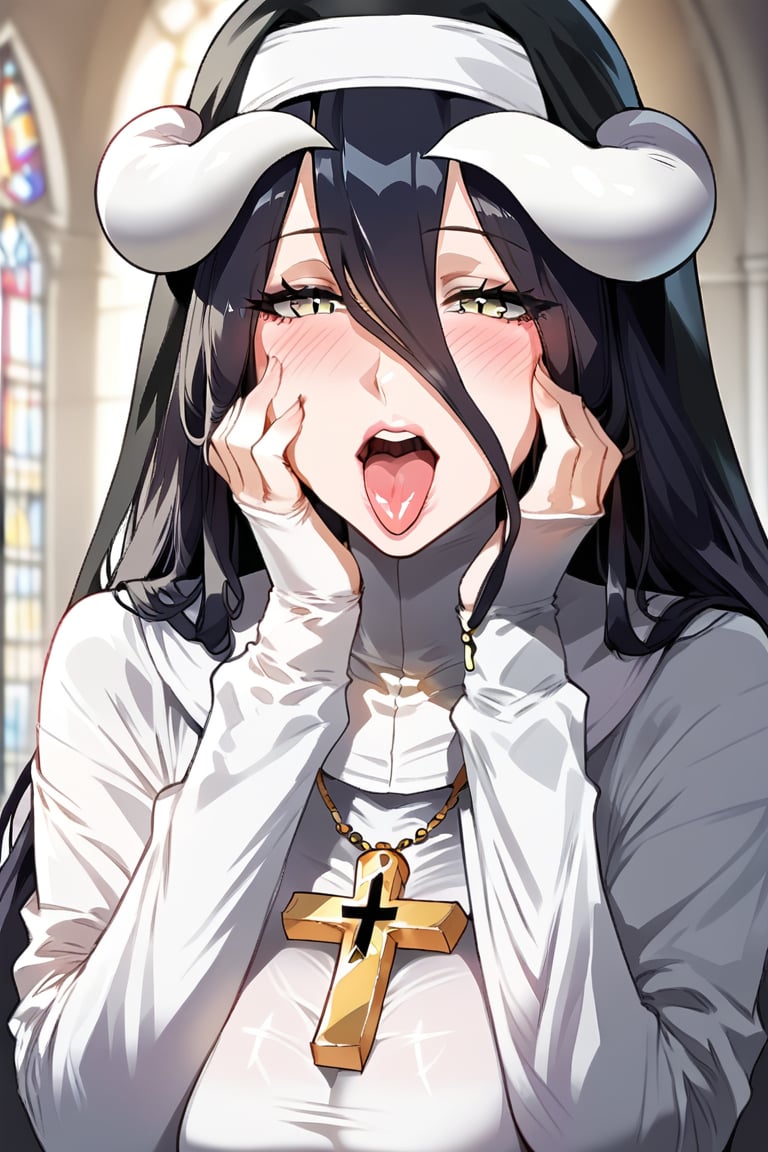 1girl, solo, long hair, blush, open mouth, long sleeves, black hair, teeth, tongue, tongue out, sleeves past wrists, grey eyes, cross, nun, hands on own face, habit, hands on own cheeks,albedo \(overlord\)