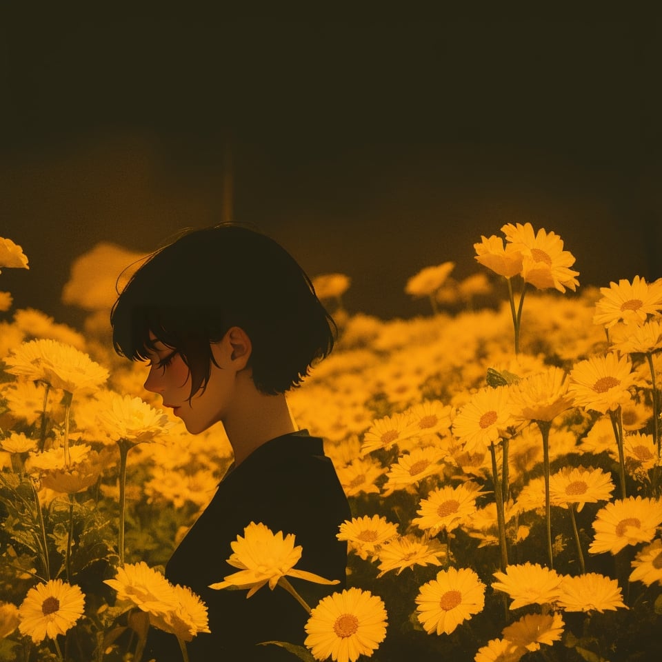 1girl, solo, short hair, black hair, upper body, flower, redscale, profile