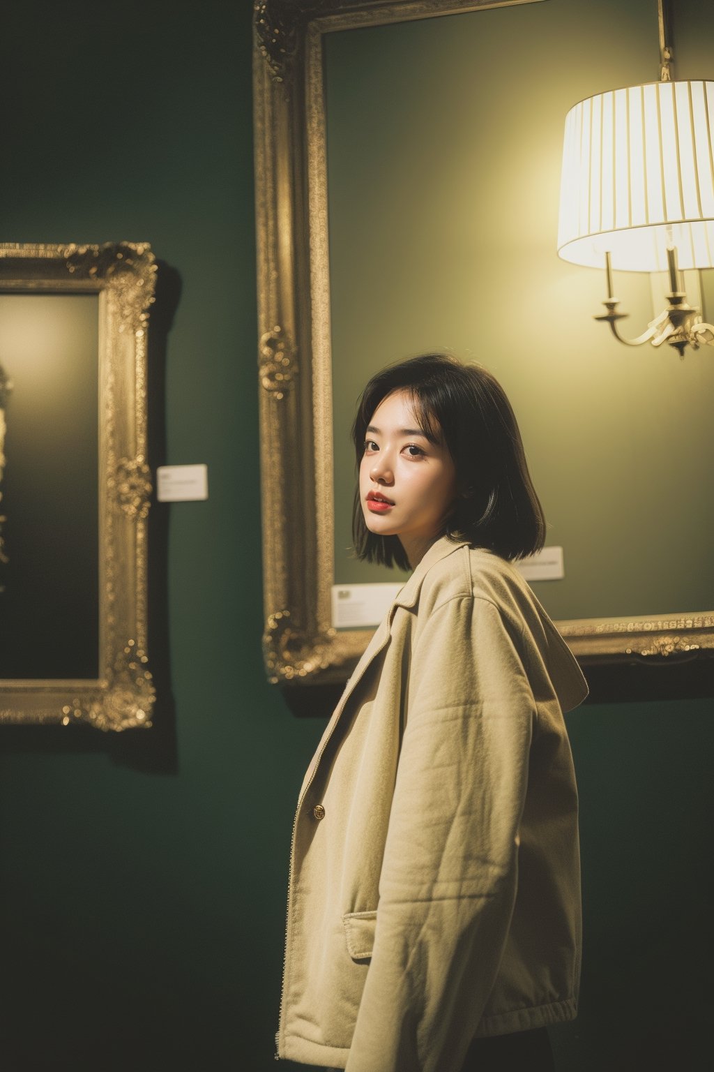 A young woman in a beige jacket stands in an art gallery, gazing upwards at a painting. She is surrounded by ornate gold frames and dark green walls.  also observing the art.  The image has a contemplative and introspective mood, with soft lighting and a vintage aesthetic.