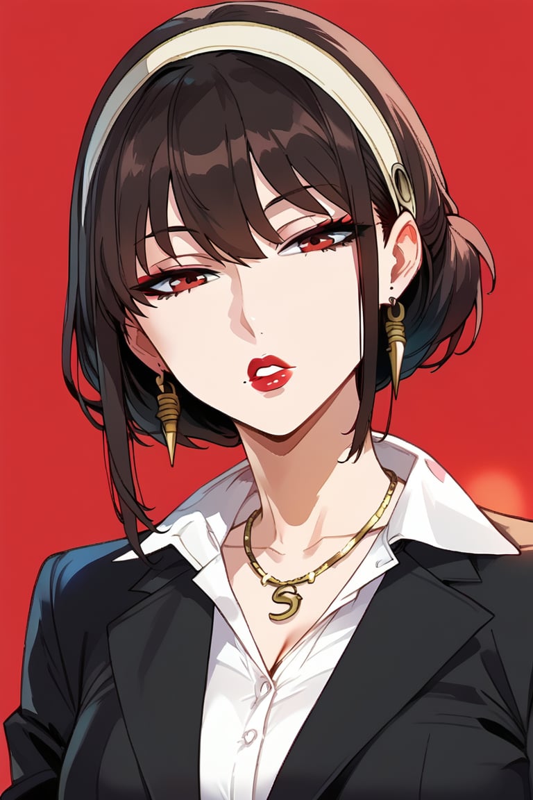 1girl, solo, looking at viewer, short hair, simple background, brown hair, shirt, black hair, jewelry, jacket, white shirt, upper body, earrings, parted lips, collared shirt, medium hair, necklace, black jacket, head tilt, makeup, formal, half-closed eyes, suit, lipstick, red background, red lips,yorforger , full_body