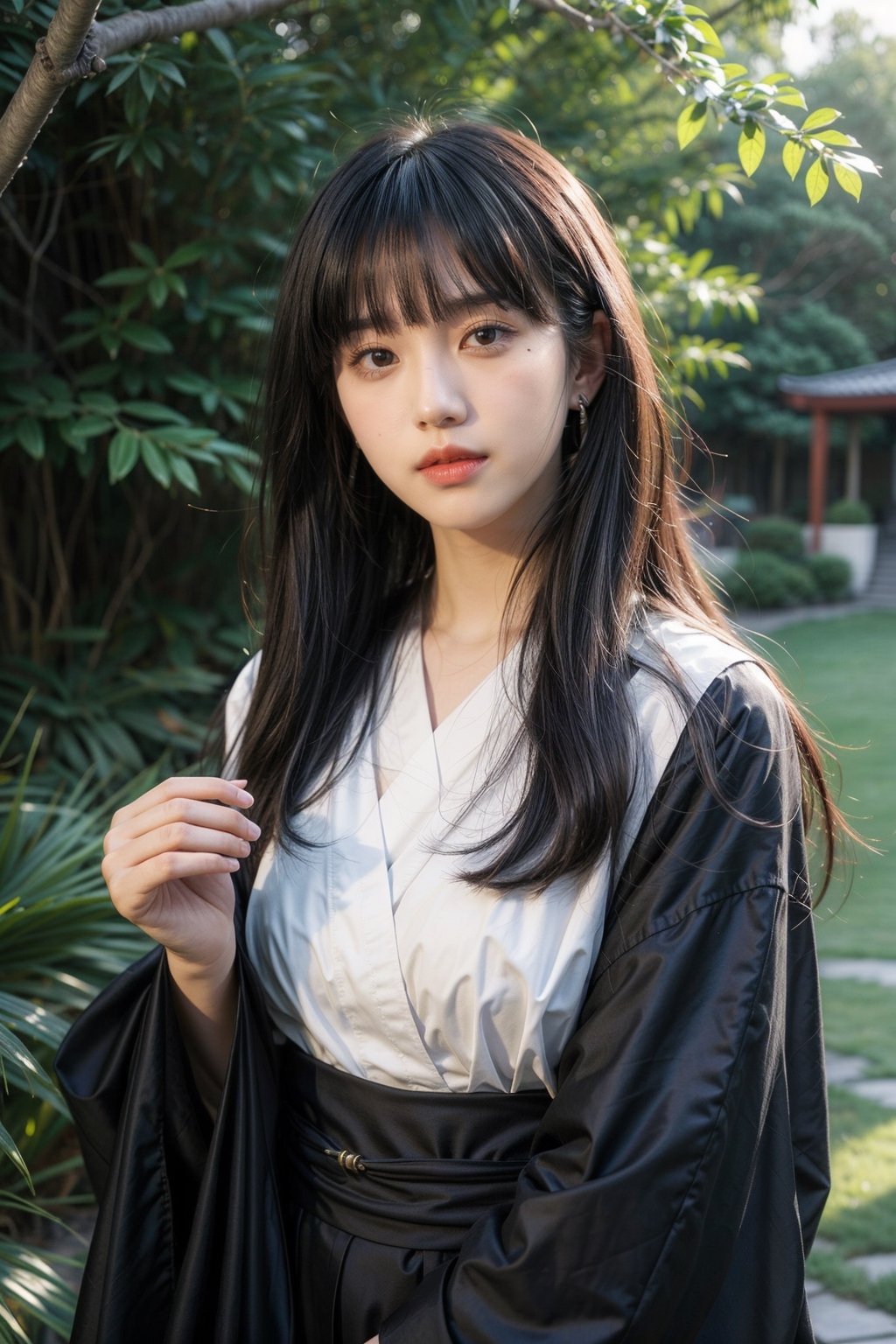 1girl, solo, long hair, looking at viewer, bangs, black hair, long sleeves, jewelry, closed mouth, earrings, outdoors, japanese clothes, blunt bangs, kimono, black eyes, lips, head tilt, grass, plant, realistic