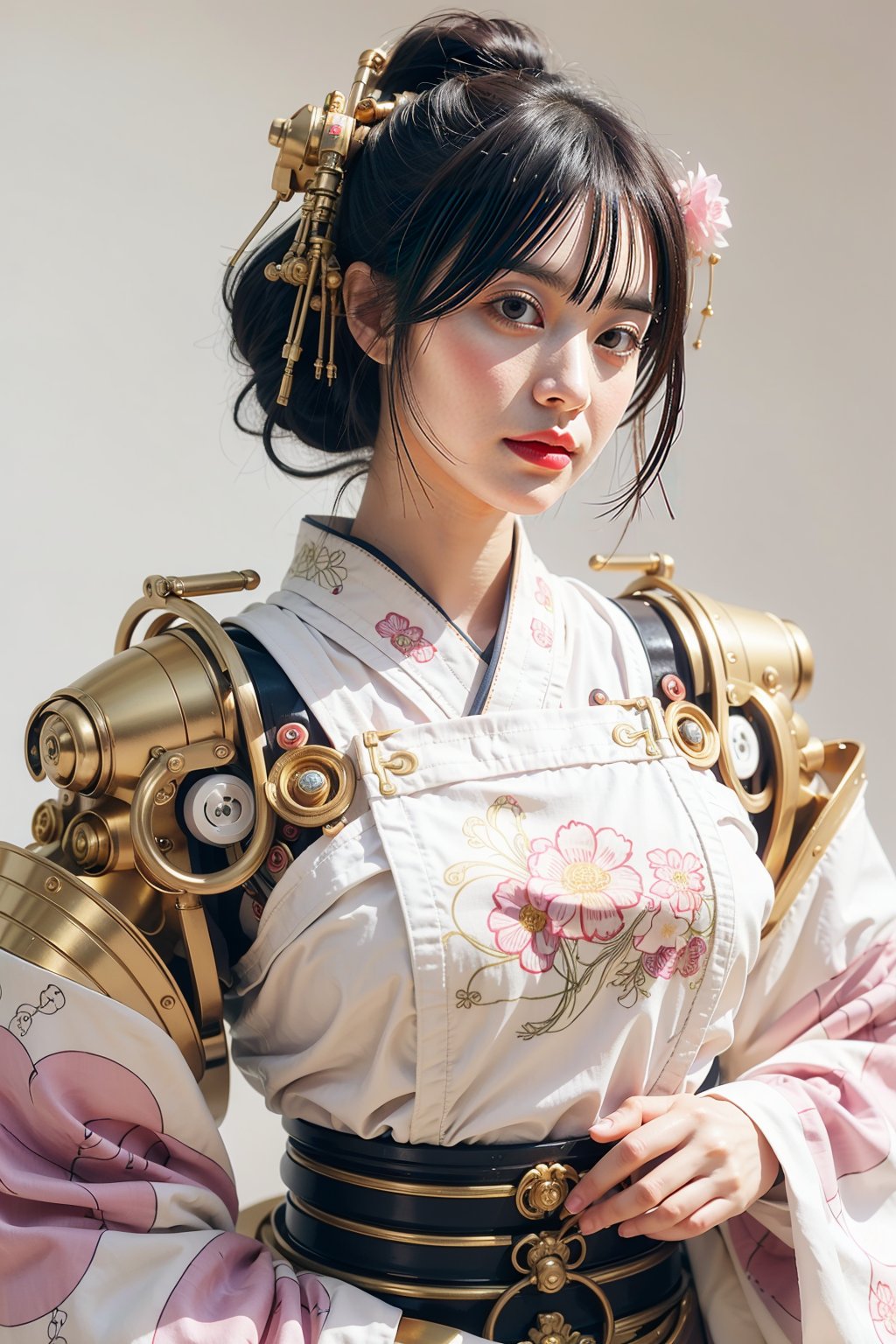 visually striking blend of traditional Japanese aesthetics with futuristic elements. The central figure is a golden robot with a humanoid appearance, specifically designed to resemble a female figure wearing a kimono. The robot's head is adorned with a traditional Japanese hairstyle, often associated with a geisha, including a shimada-style bun and kanzashi hairpins.

The robot's face is featureless and smooth, with a pale pink hue that matches the color scheme of the kimono. The neck reveals golden mechanical components, suggesting advanced robotics technology. The kimono itself is beautifully detailed, with patterns of flowers that echo the surrounding blooms, and it includes shades of pink, white, and purple, with black and dark pink accents on the collar and edges.

The background is filled with a dense array of pink flowers, likely chrysanthemums, which create a harmonious and lush backdrop that complements the robot's attire. The overall effect is a striking juxtaposition of the organic beauty of traditional Japanese floral motifs with the sleek, modern lines of robotic design. The image seems to explore themes of tradition versus modernity, nature versus technology, and the evolving definitions of beauty and identity,futubot,davincitech