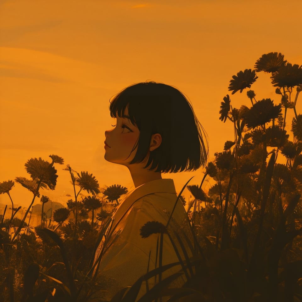 1girl, solo, short hair, black hair, upper body, flower, redscale, profile