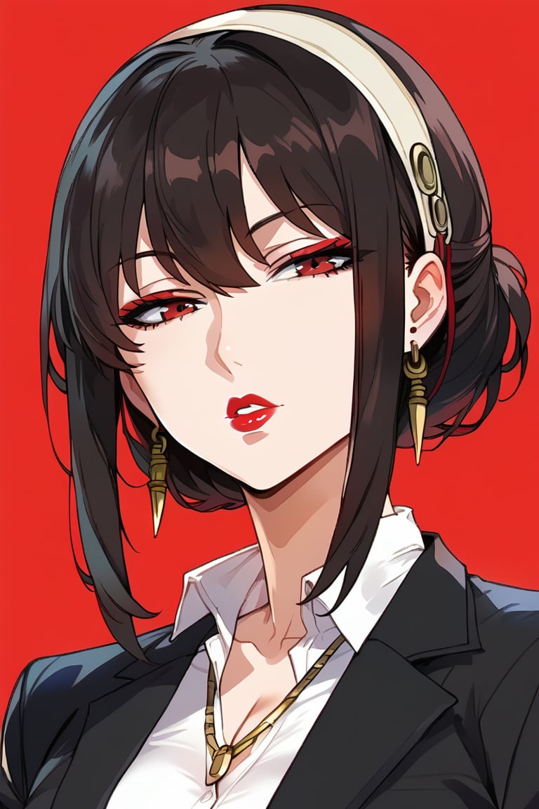 1girl, solo, looking at viewer, short hair, simple background, brown hair, shirt, black hair, jewelry, jacket, white shirt, upper body, earrings, parted lips, collared shirt, medium hair, necklace, black jacket, head tilt, makeup, formal, half-closed eyes, suit, lipstick, red background, red lips,yorforger , full_body