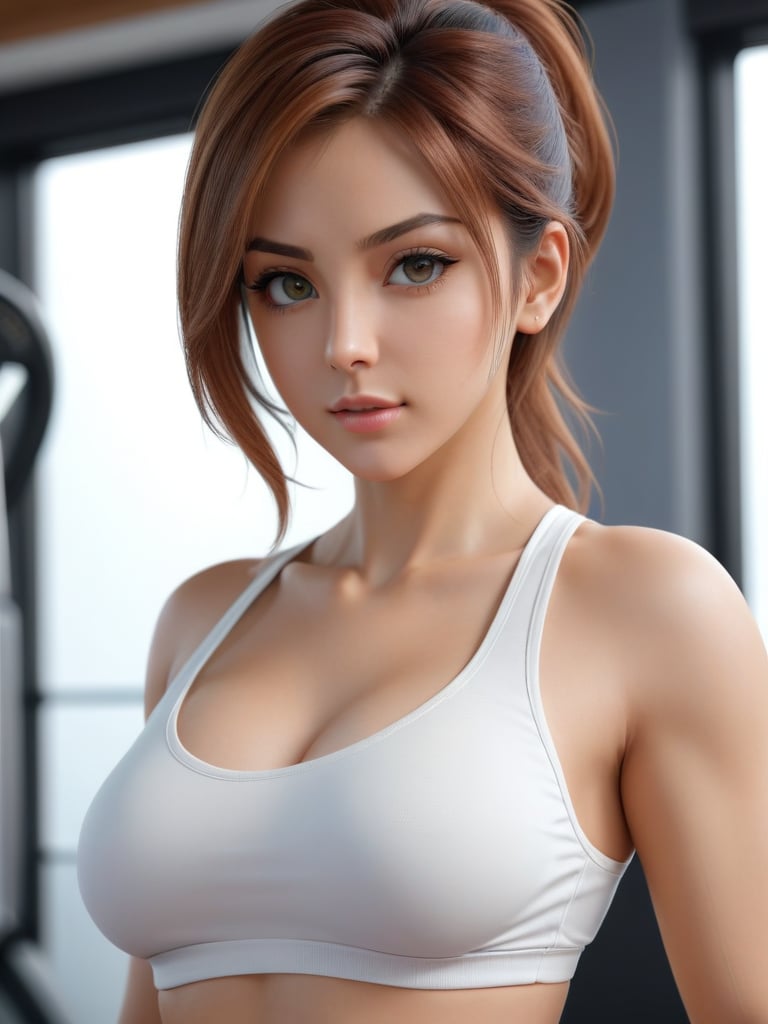 1girl, 3d rendering, anime, line art style, solo, raw photo, seduce pose, beautifull face, looking_at_viewer, beautifull eyes, wife_beater, medium_breasts, natural_boobies, White blouse, gym dressing, masterpiece, best quality, photorealistic, 8k, sexy.