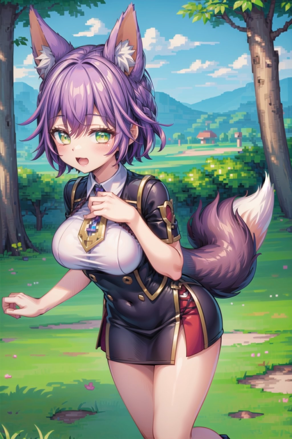ah1, green, short hairs,fox tail,5_figners, purple_hair,yellow eyes ,lure,large breasts, ah1, perfect,Pixel Art.