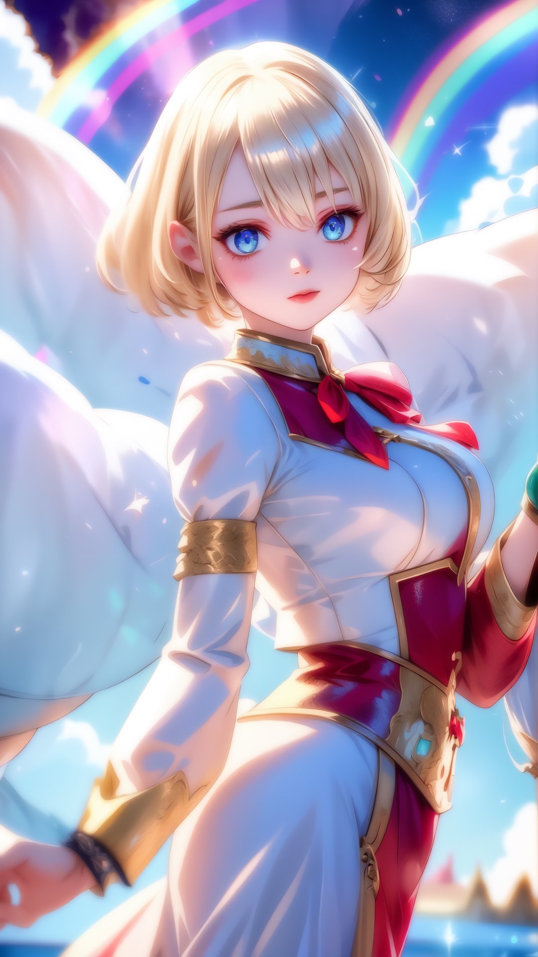 1 girl, blond hairs, short hairs, A breathtaking fusion of realism and surrealism as a vivid, mist-covered Santa girl, composed entirely of vibrant clouds, floats in a rainbow-filled sky, ((perfect hands:0.8))