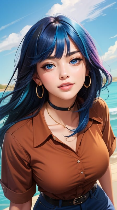 1girl, solo, long_hair, two-tone_hair, black_hair, colored_inner_hair, blue_hair, shirt, brown_shirt, breasts, light brown shirt, looking_at_viewer, blue_eyes,a calm and neutral expression, large expressive blue eyes, looking slightly upward with wide, a small smile, blue_hair, upper_body, blush, parted_lips,  black_hair,  smile, medium_breasts, bangs, collarbone.,Retro Art-style ,real-gurl,mirham