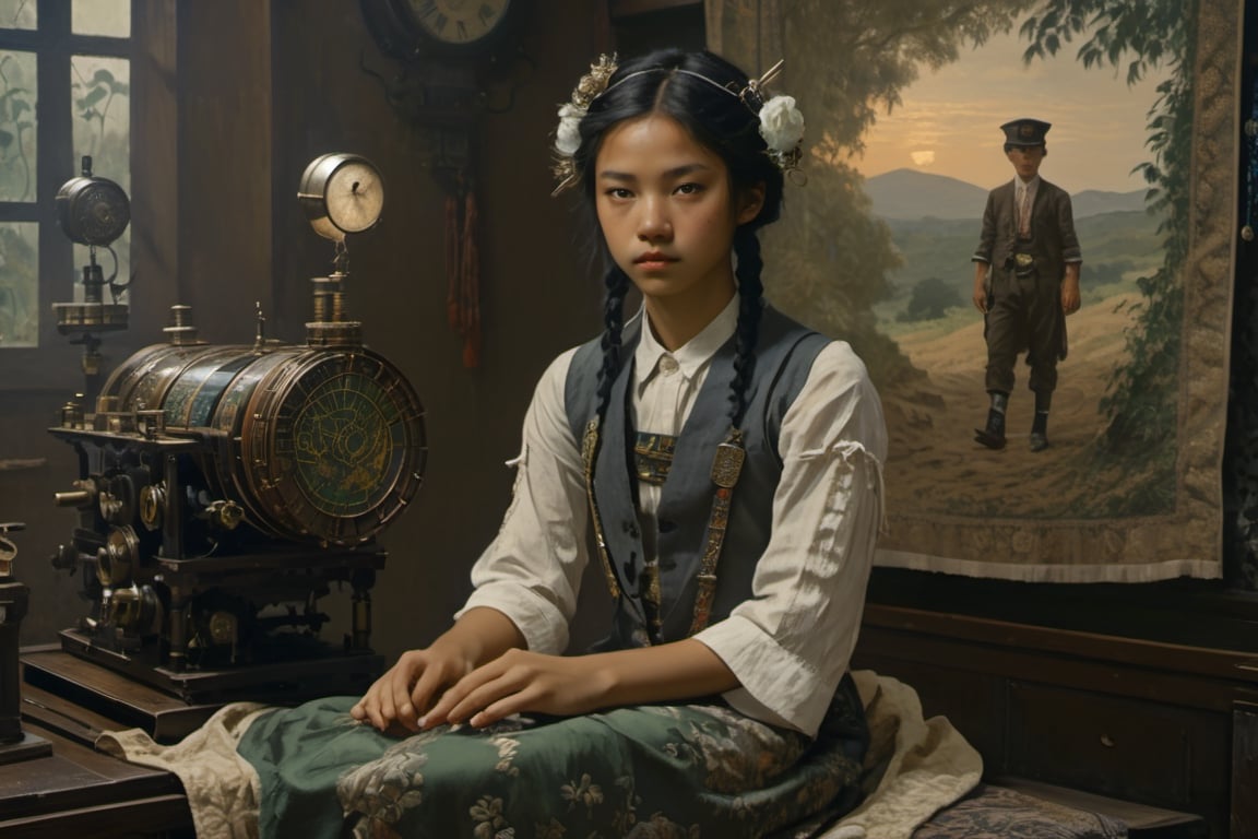 late 19th century, East Asia in European colonies, midsummer girl, asian gir, 16 years old,Hypnotic, Classicism, Geek, DSLR, Character modeling, Detailed, Tapestry, brash colors,  film noir lighting, 8K,xxmix_girl,FilmGirl,painting by jakub rozalski,HZ Steampunk,6000,greg rutkowski