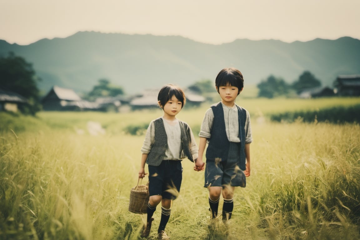 Top Quality, Masterpiece, Ultra High Resolution, ((Photorealistic: 1.4), Raw Photo, high contrast , bokeh , nostalgia , faded film , vintage , grain effect , vignette effect , japanese countryside , children